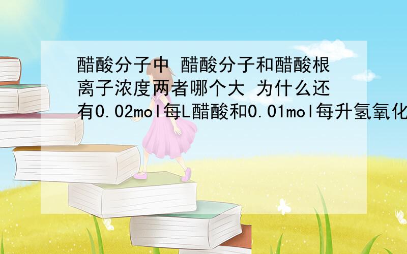 醋酸分子中 醋酸分子和醋酸根离子浓度两者哪个大 为什么还有0.02mol每L醋酸和0.01mol每升氢氧化钠等体积混合 C（HAc）+C（Ac-）=0.01mol每L么?醋酸溶液中 醋酸分子浓度和醋酸根浓度和氢离子浓