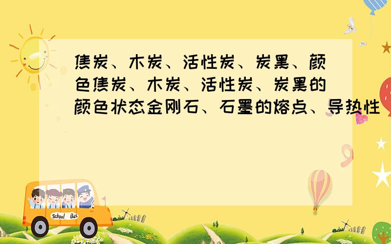 焦炭、木炭、活性炭、炭黑、颜色焦炭、木炭、活性炭、炭黑的颜色状态金刚石、石墨的熔点、导热性