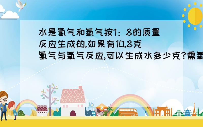 水是氢气和氧气按1：8的质量反应生成的,如果有10.8克氢气与氧气反应,可以生成水多少克?需氧气几克?