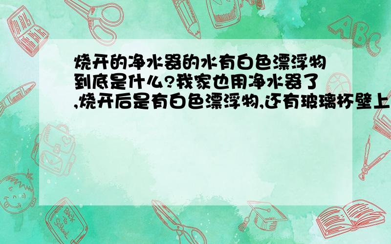 烧开的净水器的水有白色漂浮物到底是什么?我家也用净水器了,烧开后是有白色漂浮物,还有玻璃杯壁上总是挂白色的东西,像白色粉末,干了还可以刮掉,这些到底是什么啊?对人有害吗?