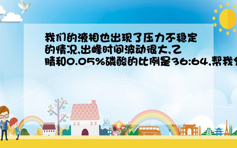 我们的液相也出现了压力不稳定的情况,出峰时间波动很大,乙腈和0.05%磷酸的比例是36:64,帮我分析一下谢