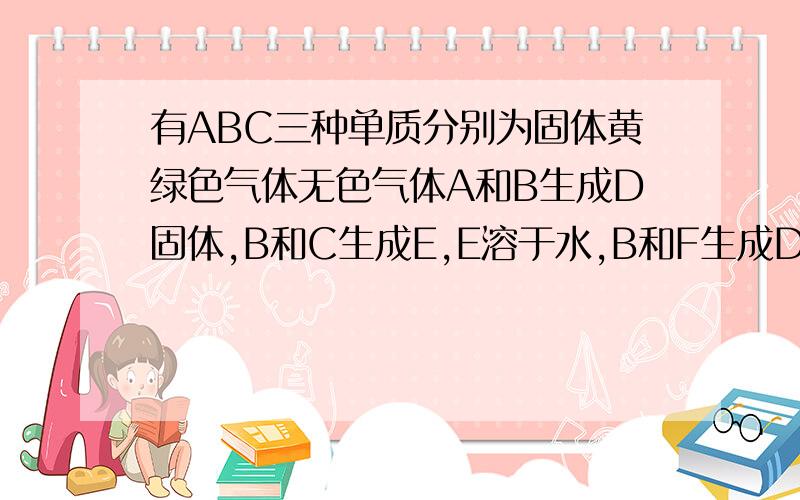 有ABC三种单质分别为固体黄绿色气体无色气体A和B生成D固体,B和C生成E,E溶于水,B和F生成D溶液F和C生成E溶液（无色）和A,问各物质各是什么?