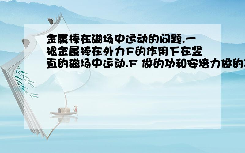 金属棒在磁场中运动的问题.一根金属棒在外力F的作用下在竖直的磁场中运动.F 做的功和安培力做的功分别转化成了什么?他们的代数和转化成了什么?（棒的机械能增加量、棒动能增加量、棒