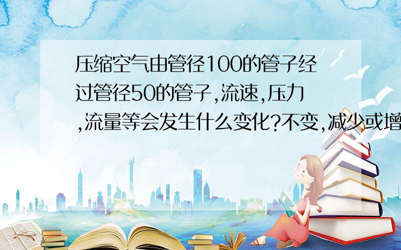 压缩空气由管径100的管子经过管径50的管子,流速,压力,流量等会发生什么变化?不变,减少或增大?