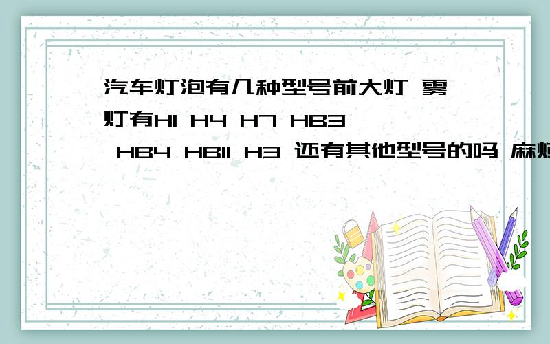 汽车灯泡有几种型号前大灯 雾灯有H1 H4 H7 HB3 HB4 HB11 H3 还有其他型号的吗 麻烦大侠们给个解答