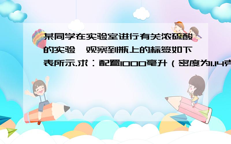 某同学在实验室进行有关浓硫酸的实验,观察到瓶上的标签如下表所示.求：配置1000毫升（密度为1.14克／厘米³）质量分数为20％的稀硫酸,需要这种浓硫酸多少克?即取多少毫升这种浓硫酸?