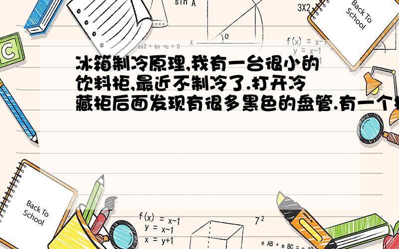 冰箱制冷原理,我有一台很小的饮料柜,最近不制冷了.打开冷藏柜后面发现有很多黑色的盘管.有一个柜内温控器控制一个加热器给其中一根管子加热.没有压缩机什么的.请问这是什么原理的制