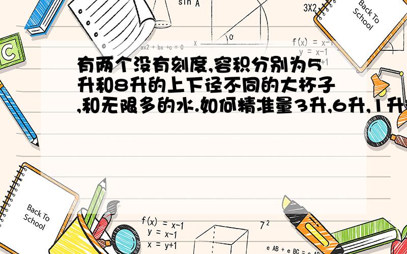 有两个没有刻度,容积分别为5升和8升的上下径不同的大杯子,和无限多的水.如何精准量3升,6升,1升得水.