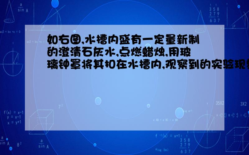 如右图,水槽内盛有一定量新制的澄清石灰水,点燃蜡烛,用玻璃钟罩将其扣在水槽内,观察到的实验现象为：蜡烛的火焰——澄清石灰水——钟罩内液面——所发生的化学反应方程式为：——