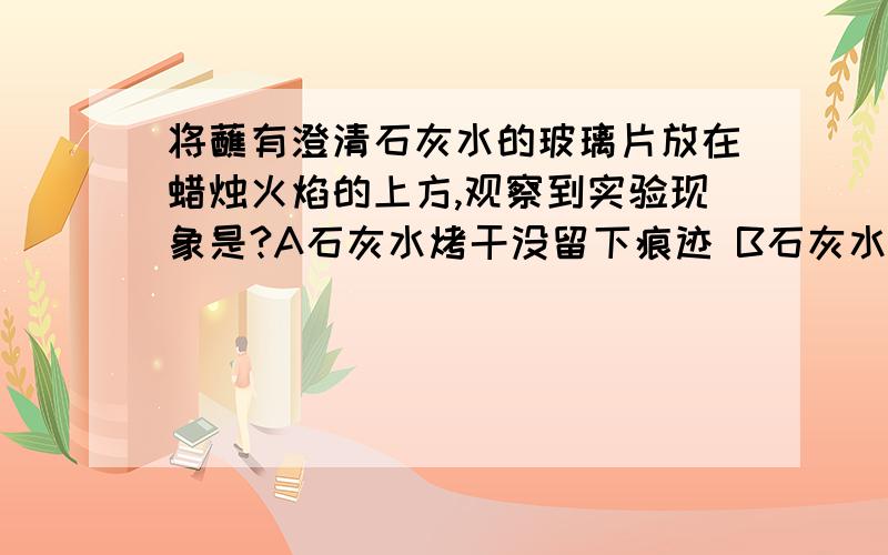 将蘸有澄清石灰水的玻璃片放在蜡烛火焰的上方,观察到实验现象是?A石灰水烤干没留下痕迹 B石灰水变浑浊C石灰水没发生变化D玻璃片上有雾出现