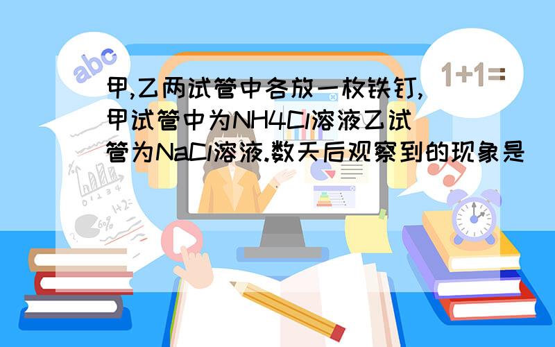 甲,乙两试管中各放一枚铁钉,甲试管中为NH4Cl溶液乙试管为NaCl溶液.数天后观察到的现象是__,甲中正极反应为_,乙中正极反应为_____,试管中残留气体平均相对分子质量的变化为：甲________,乙_____