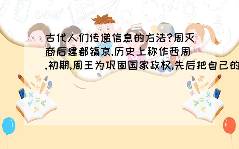 古代人们传递信息的方法?周灭商后建都镐京,历史上称作西周.初期,周王为巩固国家政权,先后把自己的兄弟、亲戚、功臣分封到各地作诸侯,建立诸侯国,还建立了一整套制度.农业、手工业、