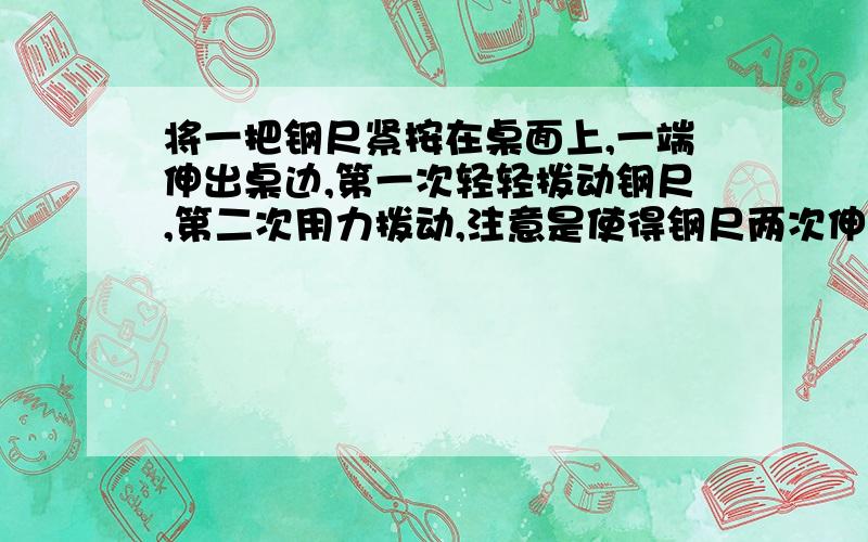 将一把钢尺紧按在桌面上,一端伸出桌边,第一次轻轻拨动钢尺,第二次用力拨动,注意是使得钢尺两次伸出桌面的长度相同.请问两次振动的频率相同吗?