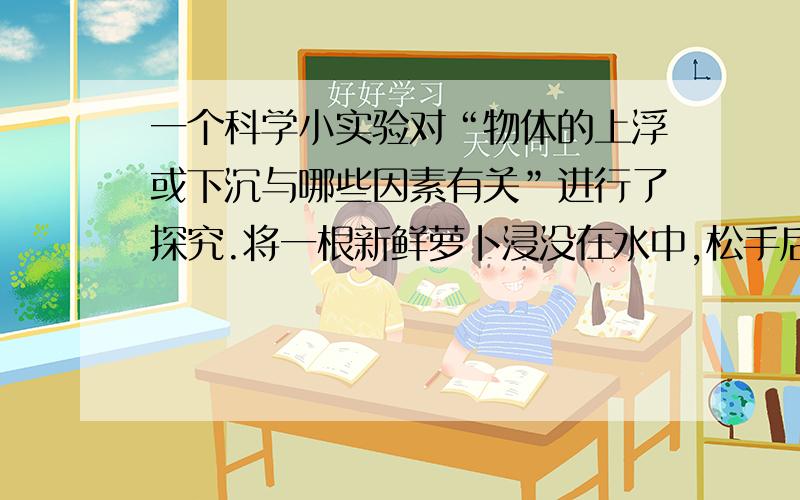 一个科学小实验对“物体的上浮或下沉与哪些因素有关”进行了探究.将一根新鲜萝卜浸没在水中,松手后,发现萝卜要上浮直至漂浮在水面上,为了使漂浮的萝卜沉下去,进行实验：1、将一个图