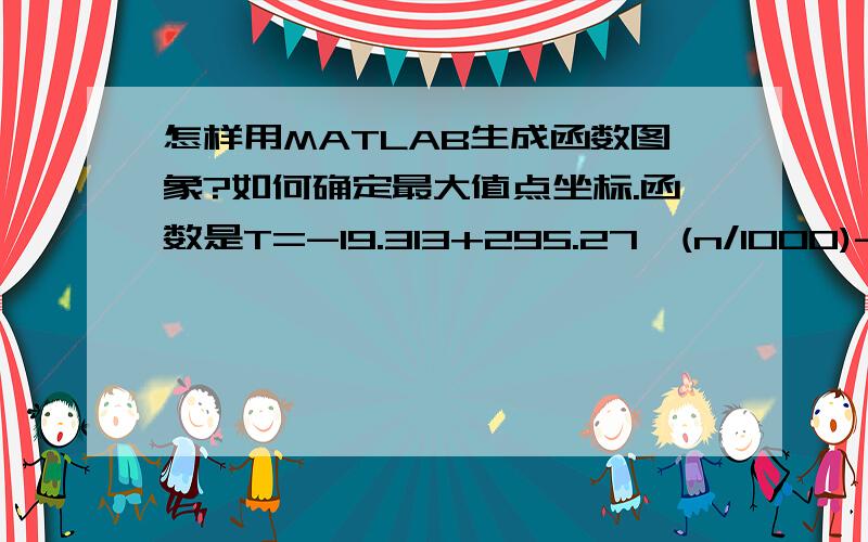 怎样用MATLAB生成函数图象?如何确定最大值点坐标.函数是T=-19.313+295.27*(n/1000)-165.44*(n/1000)^2+40.874*(n/1000)^3-3.8445*(n/1000)^4.其中n的最小值是600,最大值是4000.请问定义完之后，用哪个函数生成图象