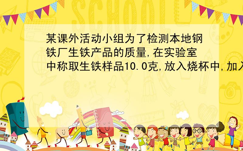 某课外活动小组为了检测本地钢铁厂生铁产品的质量,在实验室中称取生铁样品10.0克,放入烧杯中,加入一定量的稀硫酸,使之完全反应（杂质不参加反应）.然后冷却、称取反应后烧杯中物质的