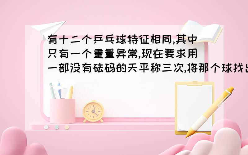 有十二个乒乓球特征相同,其中只有一个重量异常,现在要求用一部没有砝码的天平称三次,将那个球找出来