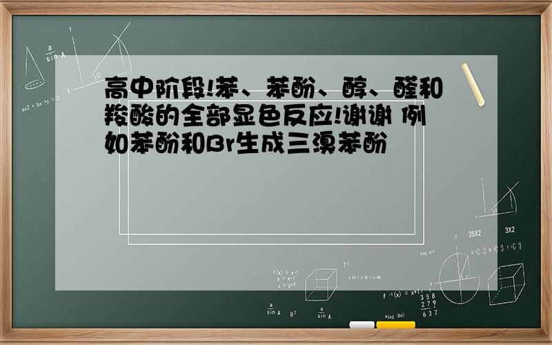 高中阶段!苯、苯酚、醇、醛和羧酸的全部显色反应!谢谢 例如苯酚和Br生成三溴苯酚