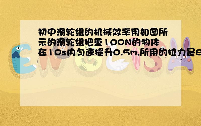 初中滑轮组的机械效率用如图所示的滑轮组把重100N的物体在10s内匀速提升0.5m,所用的拉力是80N,则在这一过程中拉力的功率为8w（计算式为P=W/t=Fs/t=Fnh）湛江港一装卸工人用如图所示的滑轮组