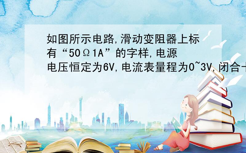 如图所示电路,滑动变阻器上标有“50Ω1A”的字样,电源电压恒定为6V,电流表量程为0~3V,闭合卡关S,移动滑动变阻器滑片到某一位置时,电流表时数为0.2A,电压变示数为2V,①电阻R1的阻值②此时滑