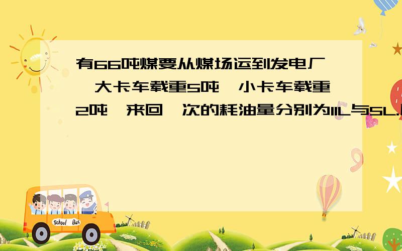 有66吨煤要从煤场运到发电厂,大卡车载重5吨,小卡车载重2吨,来回一次的耗油量分别为11L与5L.用大小卡车各多少辆运煤,才能使总耗油量最少?最少要多少?