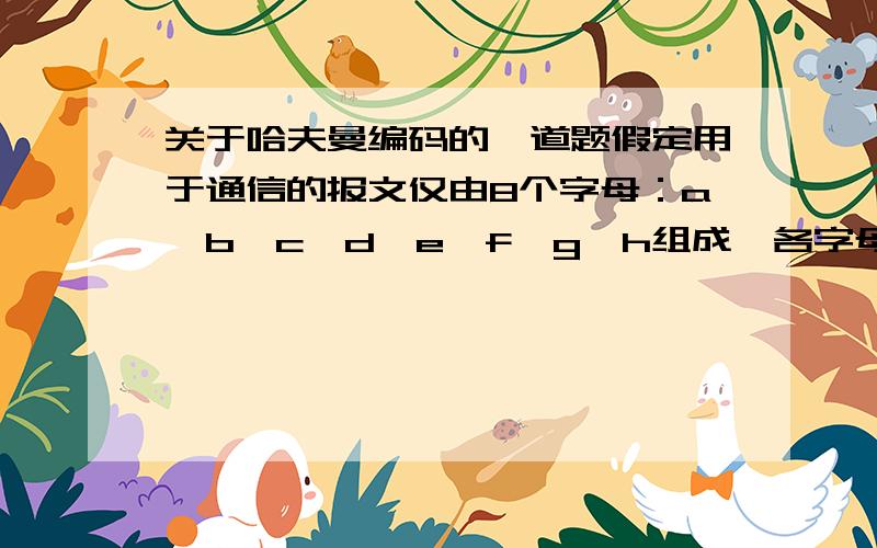 关于哈夫曼编码的一道题假定用于通信的报文仅由8个字母：a,b,c,d,e,f,g,h组成,各字母在电文中出现的频率分别为5,25,3,6,10,11,36,4.试为这8个字母设计哈夫曼编码,给出相应的哈夫曼树,原电文压缩