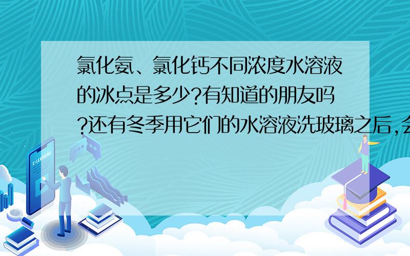 氯化氨、氯化钙不同浓度水溶液的冰点是多少?有知道的朋友吗?还有冬季用它们的水溶液洗玻璃之后,会不会在玻璃上残留白色结晶物?例如：氯化氨和氯化钙水溶液浓度分别为5%、10%、15%、20%