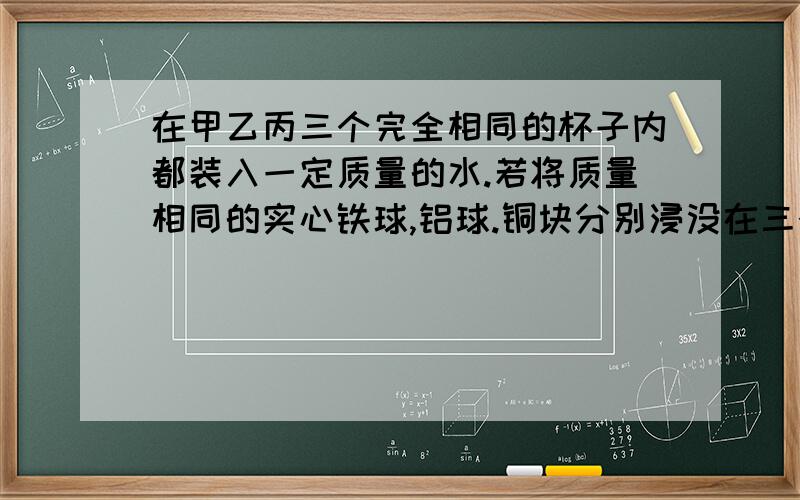 在甲乙丙三个完全相同的杯子内都装入一定质量的水.若将质量相同的实心铁球,铝球.铜块分别浸没在三个杯内的水中,深度一样,那么原来装水最多的是.最少的是