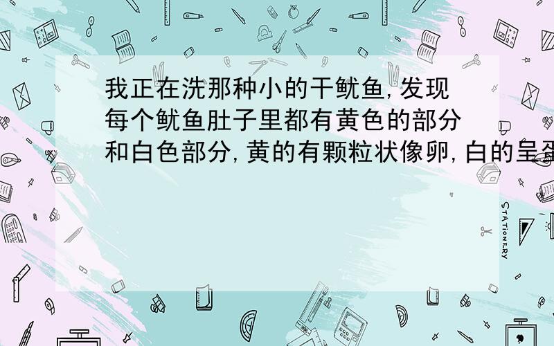 我正在洗那种小的干鱿鱼,发现每个鱿鱼肚子里都有黄色的部分和白色部分,黄的有颗粒状像卵,白的呈蛋白状有肉感,请问这些部分能吃吗?