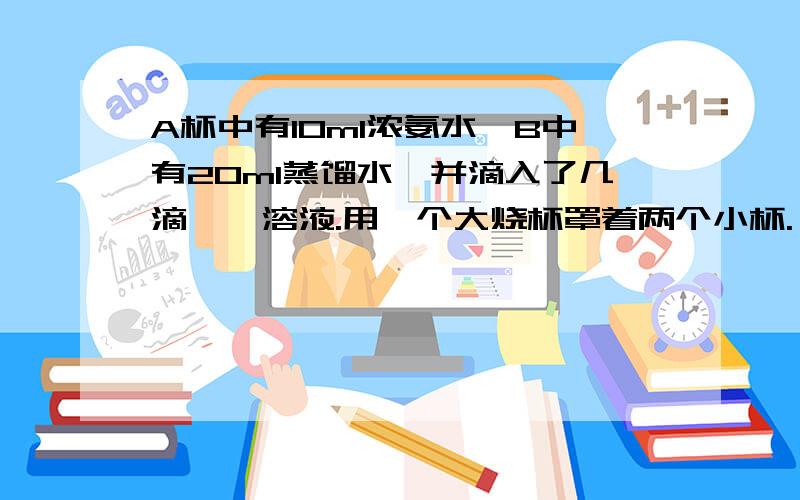 A杯中有10ml浓氨水,B中有20ml蒸馏水,并滴入了几滴酚酞溶液.用一个大烧杯罩着两个小杯.一段时间后,B杯中的溶液变成了红色.请写出下列猜想错误的原因：从A烧杯中蒸发出水蒸气,部分水分子运