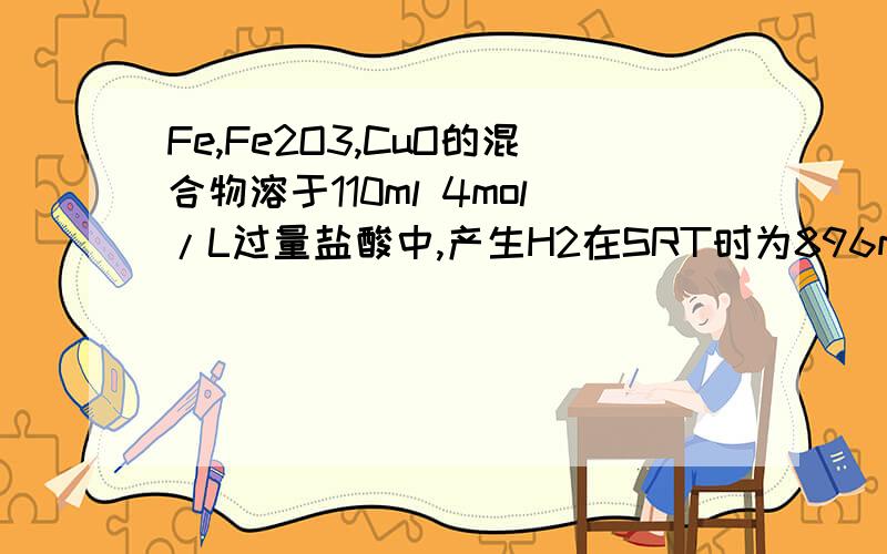 Fe,Fe2O3,CuO的混合物溶于110ml 4mol/L过量盐酸中,产生H2在SRT时为896ml残留固体1.28g过滤,将滤液稀释得200ml测得c(H+)=0.4mol/L求原混合物中各成分的质量?