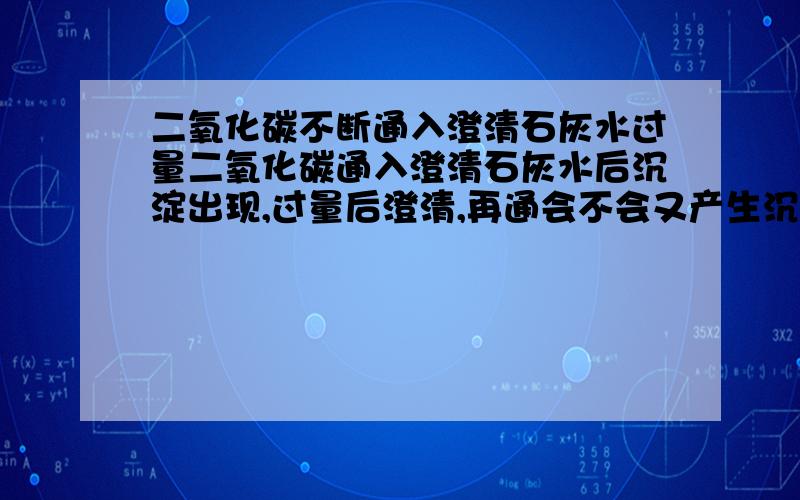 二氧化碳不断通入澄清石灰水过量二氧化碳通入澄清石灰水后沉淀出现,过量后澄清,再通会不会又产生沉淀?