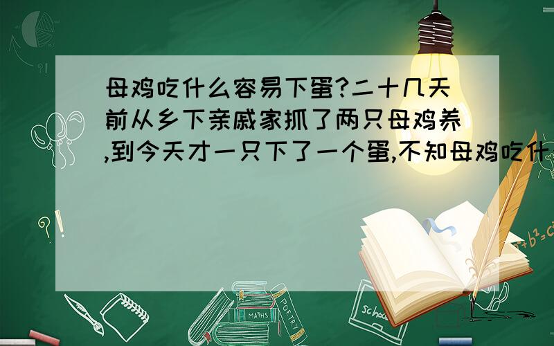 母鸡吃什么容易下蛋?二十几天前从乡下亲戚家抓了两只母鸡养,到今天才一只下了一个蛋,不知母鸡吃什么比较容易下蛋呢?谁知道的支一招,好下蛋给我家宝宝吃,呵呵