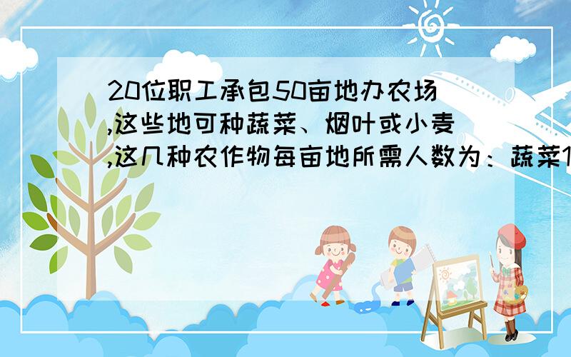 20位职工承包50亩地办农场,这些地可种蔬菜、烟叶或小麦,这几种农作物每亩地所需人数为：蔬菜1/2个烟草1/3个小麦1/4个（1）设种植蔬菜x亩,烟草y亩,则可得x、y的方程为___.（2）考虑到职工数