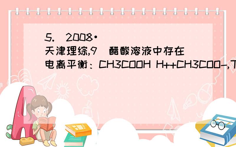 5.(2008•天津理综,9)醋酸溶液中存在电离平衡：CH3COOH H++CH3COO-,下列叙述不正确的是 ( )A.CH3COOH溶液中离子浓度的关系满足：c（H+）=c(OH-)+c(CH3COO-)B.0.1 mol/L的CH3COOH溶液加水稀释,溶液中c（OH-）