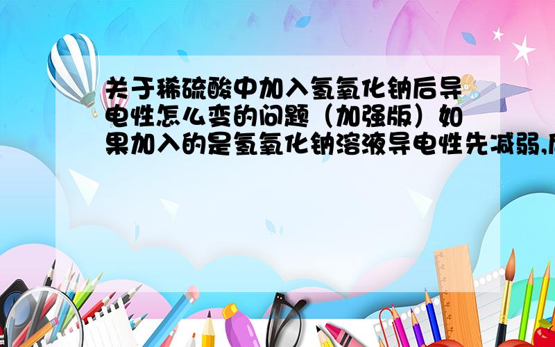 关于稀硫酸中加入氢氧化钠后导电性怎么变的问题（加强版）如果加入的是氢氧化钠溶液导电性先减弱,后增强或不变或继续减弱（但减弱速度变缓）原因：酸碱中和期,反应同前述,但因为加