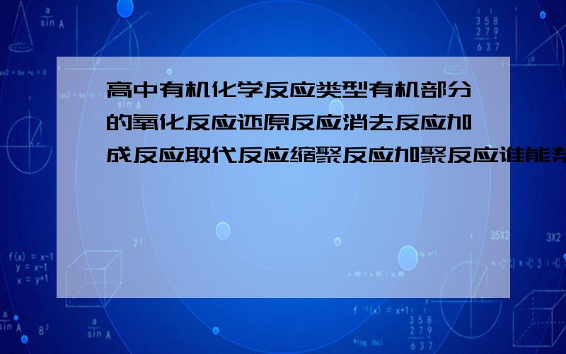 高中有机化学反应类型有机部分的氧化反应还原反应消去反应加成反应取代反应缩聚反应加聚反应谁能帮我 具体说说概念 定义 总结什么的非常混乱 谢谢啦挺着急的 有明白人 帮助一下 没用