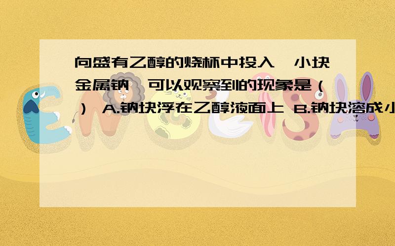 向盛有乙醇的烧杯中投入一小块金属钠,可以观察到的现象是（） A.钠块浮在乙醇液面上 B.钠块溶成小球 C...向盛有乙醇的烧杯中投入一小块金属钠,可以观察到的现象是（）A.钠块浮在乙醇液