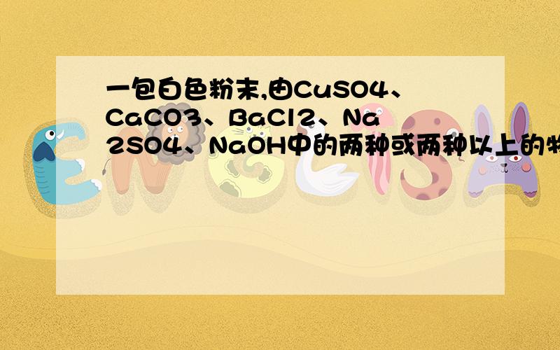 一包白色粉末,由CuSO4、CaCO3、BaCl2、Na2SO4、NaOH中的两种或两种以上的物质混合而成.为探究（1）取少量白色粉末,向其中加入足量的水,充分搅拌后过滤,得到白色沉淀和无色滤液.则原白色粉末