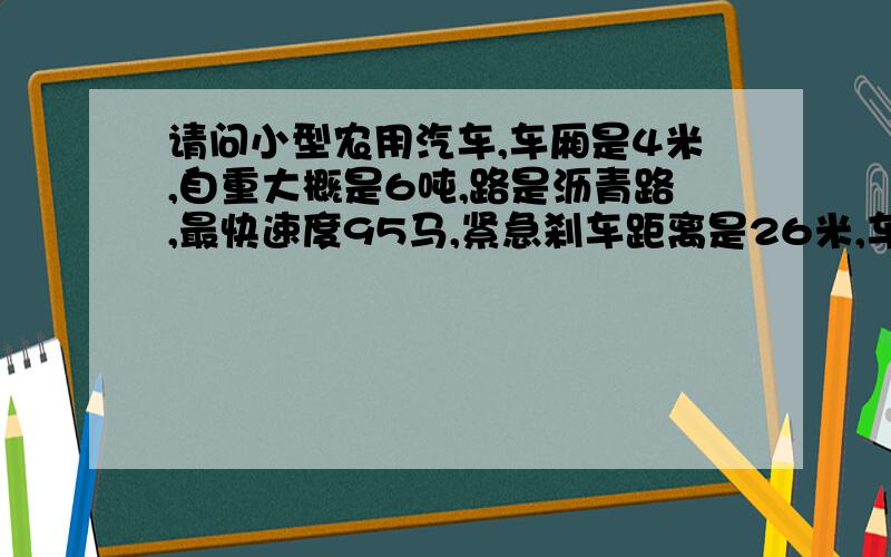 请问小型农用汽车,车厢是4米,自重大概是6吨,路是沥青路,最快速度95马,紧急刹车距离是26米,车速是多我朋友出车祸,他在正常行驶,有个人突然横穿马路,我朋友就紧急刹车,结果还是把他撞到了