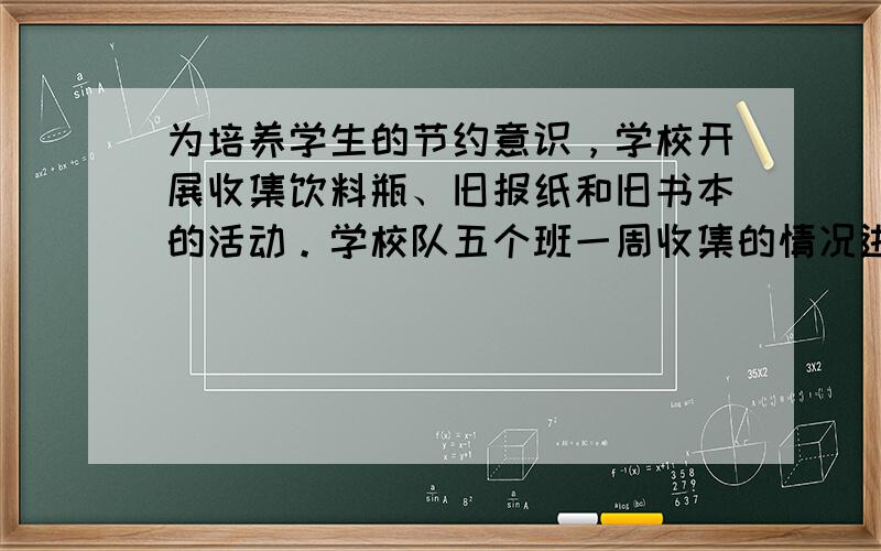 为培养学生的节约意识，学校开展收集饮料瓶、旧报纸和旧书本的活动。学校队五个班一周收集的情况进行了统计，绘制统计图如下：已知饮料瓶平均每个卖0.1元，根据相关信息，1、五个班