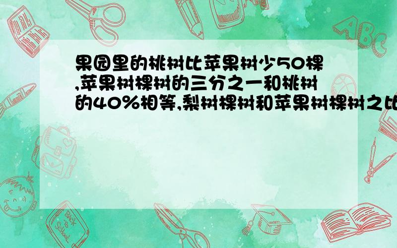 果园里的桃树比苹果树少50棵,苹果树棵树的三分之一和桃树的40％相等,梨树棵树和苹果树棵树之比是2：3.果园里这三种果树各多少棵?