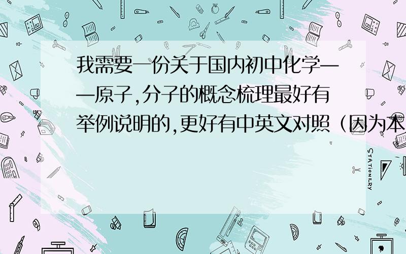 我需要一份关于国内初中化学——原子,分子的概念梳理最好有举例说明的,更好有中英文对照（因为本人在国外读书）~帮帮海外同胞吧!