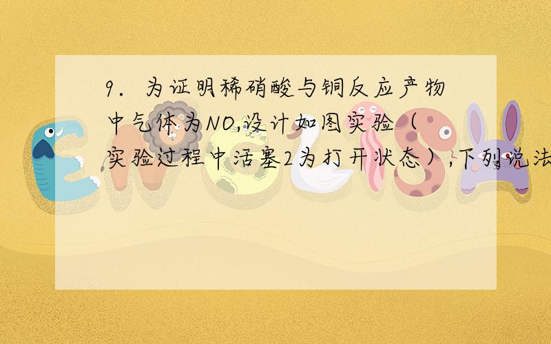 9．为证明稀硝酸与铜反应产物中气体为NO,设计如图实验（实验过程中活塞2为打开状态）,下列说法中不正确的是A．关闭活塞1,加入稀硝酸至液面a处 B．在装置左侧稍加热可以加快稀硝酸与铜