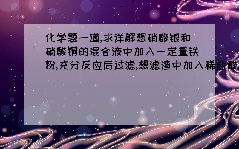 化学题一道,求详解想硝酸银和硝酸铜的混合液中加入一定量铁粉,充分反应后过滤,想滤渣中加入稀盐酸,无气泡产生.根据上述现象能得出的结论是：A 滤渣中一定有FeB滤渣中一定有CuC滤液中一