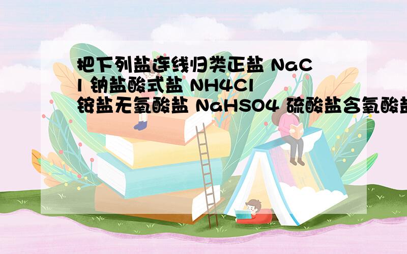 把下列盐连线归类正盐 NaCl 钠盐酸式盐 NH4Cl 铵盐无氧酸盐 NaHSO4 硫酸盐含氧酸盐 NH4HSO4 盐酸盐