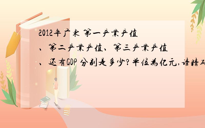 2012年广东 第一产业产值、第二产业产值、第三产业产值、还有GDP 分别是多少?单位为亿元,请精确到小数点后两位,