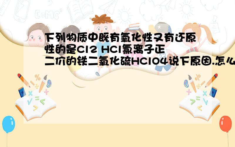 下列物质中既有氧化性又有还原性的是Cl2 HCl氯离子正二价的铁二氧化硫HClO4说下原因.怎么判别的~