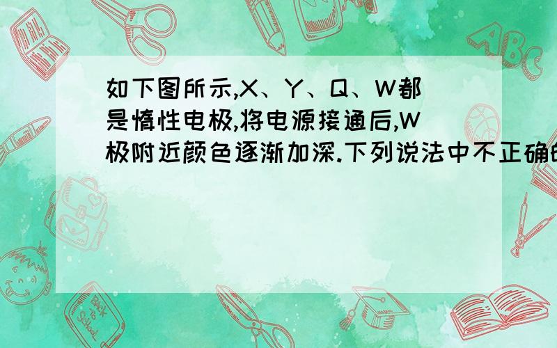 如下图所示,X、Y、Q、W都是惰性电极,将电源接通后,W极附近颜色逐渐加深.下列说法中不正确的是    [     ]   A．电源的M极为正极B．甲装置中溶液的PH减小C．甲装置的两个电极上都有单质生成