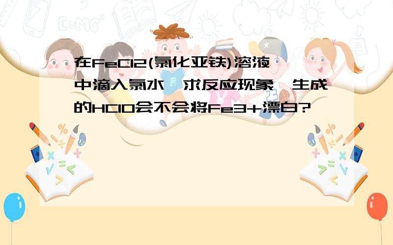 在FeCl2(氯化亚铁)溶液中滴入氯水,求反应现象,生成的HClO会不会将Fe3+漂白?